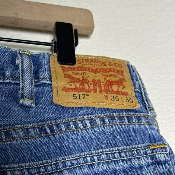 Levi 517 Denim Jean Pant Men 36x30 Western Blue Distressed Ripped Straight Boot - Picture 7 of 14